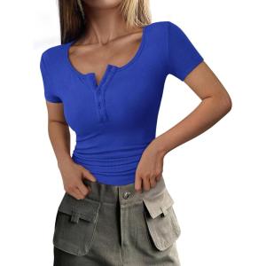 image:imagePRETTYGARDEN Womens 2026 Summer Short Sleeve Tops Ribbed Henley Button Slim Fit Basic Casual T Shirts Blouse Fashion ClothingRoyal Blue