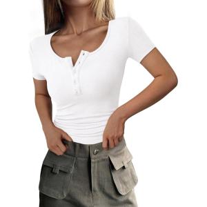 image:imagePRETTYGARDEN Womens 2026 Summer Short Sleeve Tops Ribbed Henley Button Slim Fit Basic Casual T Shirts Blouse Fashion ClothingWhite