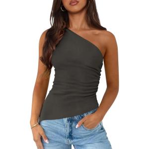 image:imagePRETTYGARDEN Womens 2026 Summer Y2K Tops Sleeveless One Shoulder Slim Fit Shirts Ruched Knit Asymmetrical Top BlouseDark Grey