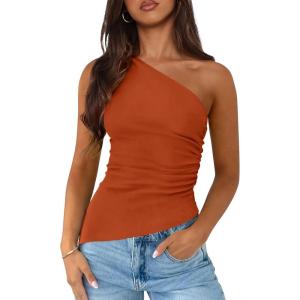image:imagePRETTYGARDEN Womens 2026 Summer Y2K Tops Sleeveless One Shoulder Slim Fit Shirts Ruched Knit Asymmetrical Top BlouseRust Red