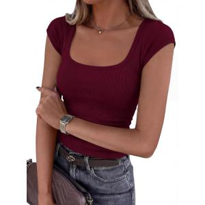 image:imagePRETTYGARDEN Womens Cap Sleeve T Shirts 2026 Square Neck Basic Tees Slim Fit Ribbed Knit Spring Going Out Tops Summer ClothesWine Red