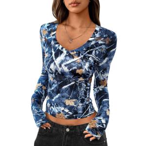 image:imagePRETTYGARDEN Womens Long Sleeve T Shirts 2026 Fall Trendy Deep V Neck Slim Fit Basic Crop Tops Casual Going Out TopDark Blue Floral