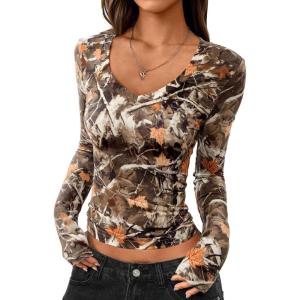 image:imagePRETTYGARDEN Womens Long Sleeve T Shirts 2026 Fall Trendy Deep V Neck Slim Fit Basic Crop Tops Casual Going Out TopKhaki Floral