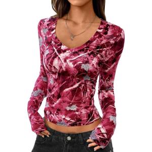image:imagePRETTYGARDEN Womens Long Sleeve T Shirts 2026 Fall Trendy Deep V Neck Slim Fit Basic Crop Tops Casual Going Out TopRed Floral