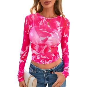 image:imagePRETTYGARDEN Womens Mesh Long Sleeve Spring Top 2026 Trendy Summer See Through Sheer Blouse Fitted Going Out Layering ShirtsFloral Rose Red