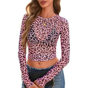 image:imagePRETTYGARDEN Womens Mesh Long Sleeve Spring Top 2026 Trendy Summer See Through Sheer Blouse Fitted Going Out Layering ShirtsLeopard Pink