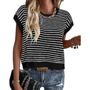 image:imagePRETTYGARDEN Womens Short Sleeve Sweater Spring Summer 2026 Round Neck Striped Pullover Cap Sleeve Knit Sweater Vest TopsBlack