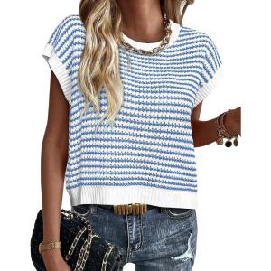 image:imagePRETTYGARDEN Womens Short Sleeve Sweater Spring Summer 2026 Round Neck Striped Pullover Cap Sleeve Knit Sweater Vest TopsBlue