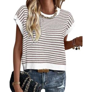 image:imagePRETTYGARDEN Womens Short Sleeve Sweater Spring Summer 2026 Round Neck Striped Pullover Cap Sleeve Knit Sweater Vest TopsBrown