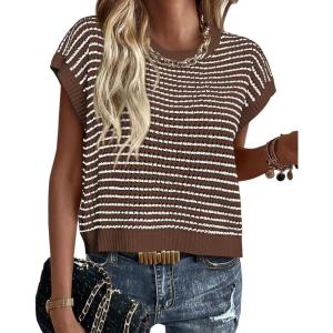 image:imagePRETTYGARDEN Womens Short Sleeve Sweater Spring Summer 2026 Round Neck Striped Pullover Cap Sleeve Knit Sweater Vest TopsDark Brown