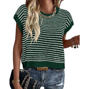 image:imagePRETTYGARDEN Womens Short Sleeve Sweater Spring Summer 2026 Round Neck Striped Pullover Cap Sleeve Knit Sweater Vest TopsDark Green