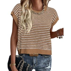 image:imagePRETTYGARDEN Womens Short Sleeve Sweater Spring Summer 2026 Round Neck Striped Pullover Cap Sleeve Knit Sweater Vest TopsDark Khaki