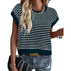 image:imagePRETTYGARDEN Womens Short Sleeve Sweater Spring Summer 2026 Round Neck Striped Pullover Cap Sleeve Knit Sweater Vest TopsMalachite Green