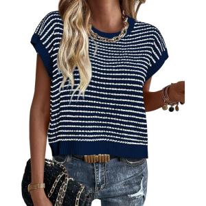 image:imagePRETTYGARDEN Womens Short Sleeve Sweater Spring Summer 2026 Round Neck Striped Pullover Cap Sleeve Knit Sweater Vest TopsNavy