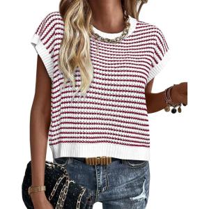 image:imagePRETTYGARDEN Womens Short Sleeve Sweater Spring Summer 2026 Round Neck Striped Pullover Cap Sleeve Knit Sweater Vest TopsRed