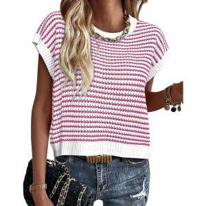 image:imagePRETTYGARDEN Womens Short Sleeve Sweater Spring Summer 2026 Round Neck Striped Pullover Cap Sleeve Knit Sweater Vest TopsRose Red