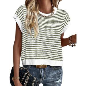 image:imagePRETTYGARDEN Womens Short Sleeve Sweater Spring Summer 2026 Round Neck Striped Pullover Cap Sleeve Knit Sweater Vest TopsStriped White Army Green