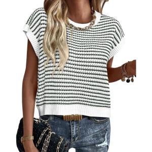 image:imagePRETTYGARDEN Womens Short Sleeve Sweater Spring Summer 2026 Round Neck Striped Pullover Cap Sleeve Knit Sweater Vest TopsStriped White Dark Green