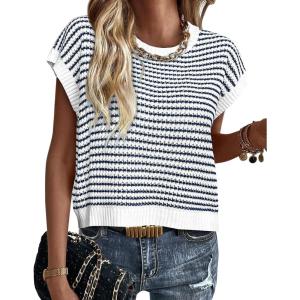 image:imagePRETTYGARDEN Womens Short Sleeve Sweater Spring Summer 2026 Round Neck Striped Pullover Cap Sleeve Knit Sweater Vest TopsStriped White Navy
