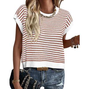 image:imagePRETTYGARDEN Womens Short Sleeve Sweater Spring Summer 2026 Round Neck Striped Pullover Cap Sleeve Knit Sweater Vest TopsStriped White Red