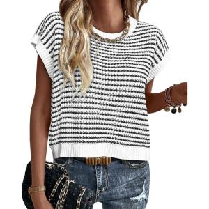 image:imagePRETTYGARDEN Womens Short Sleeve Sweater Spring Summer 2026 Round Neck Striped Pullover Cap Sleeve Knit Sweater Vest TopsWhite