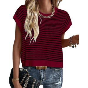 image:imagePRETTYGARDEN Womens Short Sleeve Sweater Spring Summer 2026 Round Neck Striped Pullover Cap Sleeve Knit Sweater Vest TopsWine Red