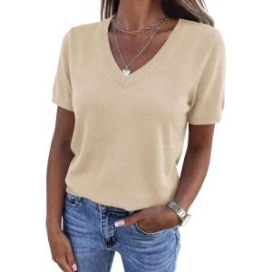 image:imagePRETTYGARDEN Womens Short Sleeve Sweater V Neck Trendy Pullover Tops 2026 Summer Spring Loose Lightweight Casual BlouseApricot
