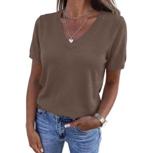 image:imagePRETTYGARDEN Womens Short Sleeve Sweater V Neck Trendy Pullover Tops 2026 Summer Spring Loose Lightweight Casual BlouseLight Brown