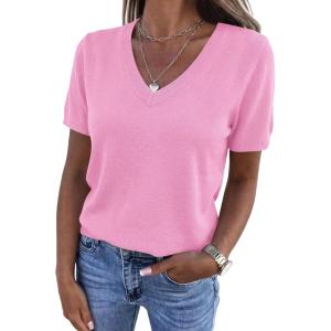 image:imagePRETTYGARDEN Womens Short Sleeve Sweater V Neck Trendy Pullover Tops 2026 Summer Spring Loose Lightweight Casual BlousePink