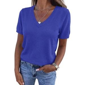 image:imagePRETTYGARDEN Womens Short Sleeve Sweater V Neck Trendy Pullover Tops 2026 Summer Spring Loose Lightweight Casual BlouseRoyal Blue