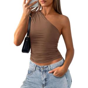 image:imagePRETTYGARDEN Womens Sleeveless One Shoulder Tank Top Ruched Slim Fit Shirts Basic Crop Y2k Tops 2026 Spring Fashion ClothingCoffee