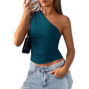 image:imagePRETTYGARDEN Womens Sleeveless One Shoulder Tank Top Ruched Slim Fit Shirts Basic Crop Y2k Tops 2026 Spring Fashion ClothingDark Blue