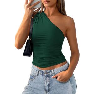 image:imagePRETTYGARDEN Womens Sleeveless One Shoulder Tank Top Ruched Slim Fit Shirts Basic Crop Y2k Tops 2026 Spring Fashion ClothingDark Green
