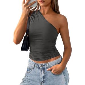 image:imagePRETTYGARDEN Womens Sleeveless One Shoulder Tank Top Ruched Slim Fit Shirts Basic Crop Y2k Tops 2026 Spring Fashion ClothingDark Grey