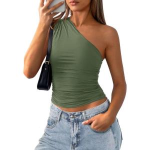 image:imagePRETTYGARDEN Womens Sleeveless One Shoulder Tank Top Ruched Slim Fit Shirts Basic Crop Y2k Tops 2026 Spring Fashion ClothingGrey Green