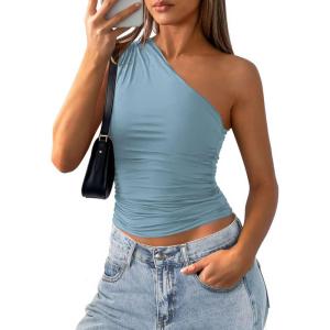 image:imagePRETTYGARDEN Womens Sleeveless One Shoulder Tank Top Ruched Slim Fit Shirts Basic Crop Y2k Tops 2026 Spring Fashion ClothingLight Grey Blue