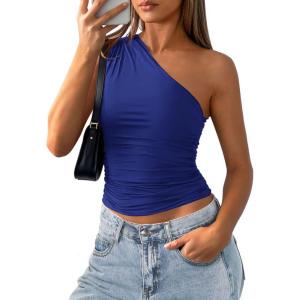 image:imagePRETTYGARDEN Womens Sleeveless One Shoulder Tank Top Ruched Slim Fit Shirts Basic Crop Y2k Tops 2026 Spring Fashion ClothingNavy Blue