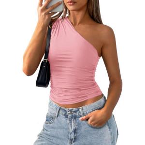 image:imagePRETTYGARDEN Womens Sleeveless One Shoulder Tank Top Ruched Slim Fit Shirts Basic Crop Y2k Tops 2026 Spring Fashion ClothingPink