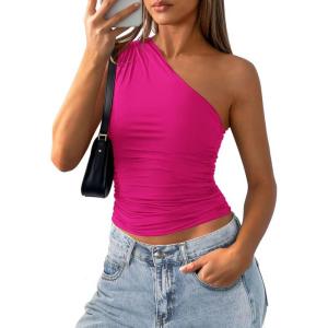 image:imagePRETTYGARDEN Womens Sleeveless One Shoulder Tank Top Ruched Slim Fit Shirts Basic Crop Y2k Tops 2026 Spring Fashion ClothingRose Red