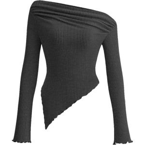 image:imagePRETTYGARDEN Womens Spring Long Sleeve Y2K Crop Top Trendy Off Shoulder Asymmetrical Fitted Knit Tee Shirts Going Out TopsBlack