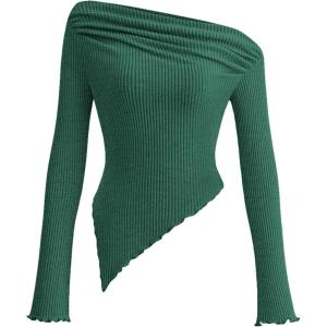 image:imagePRETTYGARDEN Womens Spring Long Sleeve Y2K Crop Top Trendy Off Shoulder Asymmetrical Fitted Knit Tee Shirts Going Out TopsDark Green