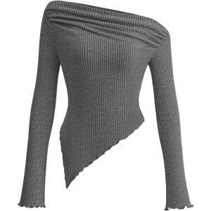 image:imagePRETTYGARDEN Womens Spring Long Sleeve Y2K Crop Top Trendy Off Shoulder Asymmetrical Fitted Knit Tee Shirts Going Out TopsGrey