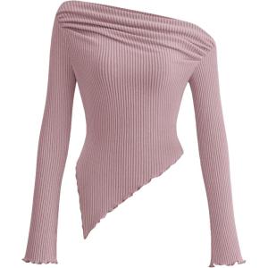 image:imagePRETTYGARDEN Womens Spring Long Sleeve Y2K Crop Top Trendy Off Shoulder Asymmetrical Fitted Knit Tee Shirts Going Out TopsGrey Pink