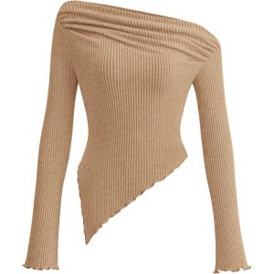 image:imagePRETTYGARDEN Womens Spring Long Sleeve Y2K Crop Top Trendy Off Shoulder Asymmetrical Fitted Knit Tee Shirts Going Out TopsLight Coffee