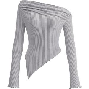image:imagePRETTYGARDEN Womens Spring Long Sleeve Y2K Crop Top Trendy Off Shoulder Asymmetrical Fitted Knit Tee Shirts Going Out TopsLight Grey