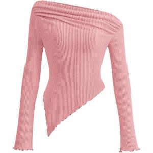 image:imagePRETTYGARDEN Womens Spring Long Sleeve Y2K Crop Top Trendy Off Shoulder Asymmetrical Fitted Knit Tee Shirts Going Out TopsPink