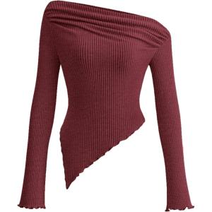 image:imagePRETTYGARDEN Womens Spring Long Sleeve Y2K Crop Top Trendy Off Shoulder Asymmetrical Fitted Knit Tee Shirts Going Out TopsWine Red