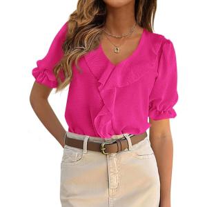 image:imagePRETTYGARDEN Womens Summer Dressy Casual Blouses 2026 Short Sleeve V Neck Ruffle Business Work Tops Trendy Spring OutfitsRose Red