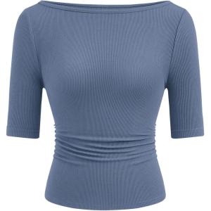 image:imagePRETTYGARDEN Womens Summer Short Sleeve Tops Boat Neck Ribbed Knit Slim Fit T Shirt Casual Basic Top 2026 Spring ClothesBlue Grey