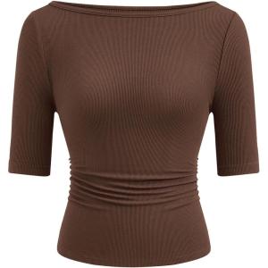 image:imagePRETTYGARDEN Womens Summer Short Sleeve Tops Boat Neck Ribbed Knit Slim Fit T Shirt Casual Basic Top 2026 Spring ClothesBrown